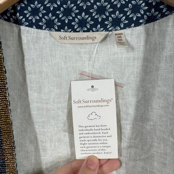 Soft Surroundings Kimono Women OS Still Water Linen Top Beaded Trim Tassel Blue - Picture 6 of 8